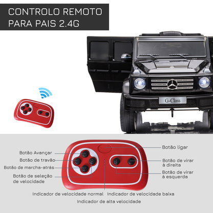 HOMCOM Carro Elétrico para Crianças acima de 3 Anos BENZ G500 Todo-o-Terreno com Bateria 12V Veículo Elétrico com Controlo Remoto Música Buzina Velocidade 3-5 km/h Carga 30 kg Preto