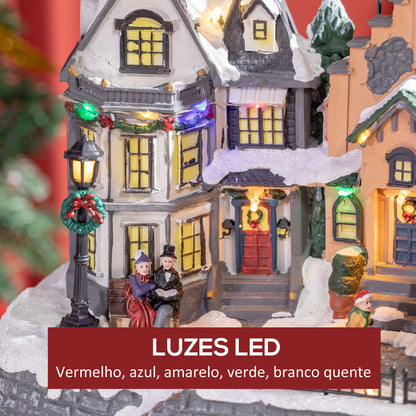 HOMCOM Aldeia de Natal Cena de Decoração Natalícia Iluminada com Luzes LED Árvore de Natal Pai Natal e Renos Decoração de Natal de Mesa 38,5x20,5x33cm Multicor