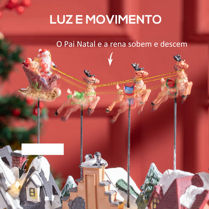 HOMCOM Aldeia de Natal Cena de Decoração Natalícia Iluminada com Luzes LED Árvore de Natal Pai Natal e Renos Decoração de Natal de Mesa 38,5x20,5x33cm Multicor