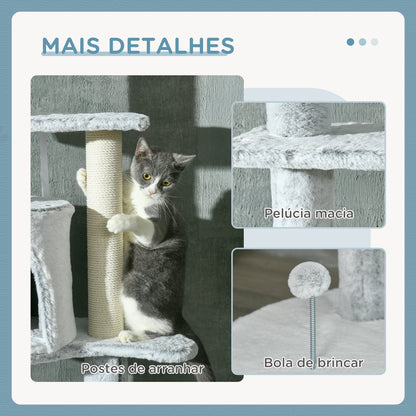 PawHut Arranhador para Gatos de 255 cm Torre para Gatos de Teto com Altura Ajustável Caverna Plataformas Rede Postes de Arranhar e Bolas Suspensas Ø60x225-255 cm Cinza