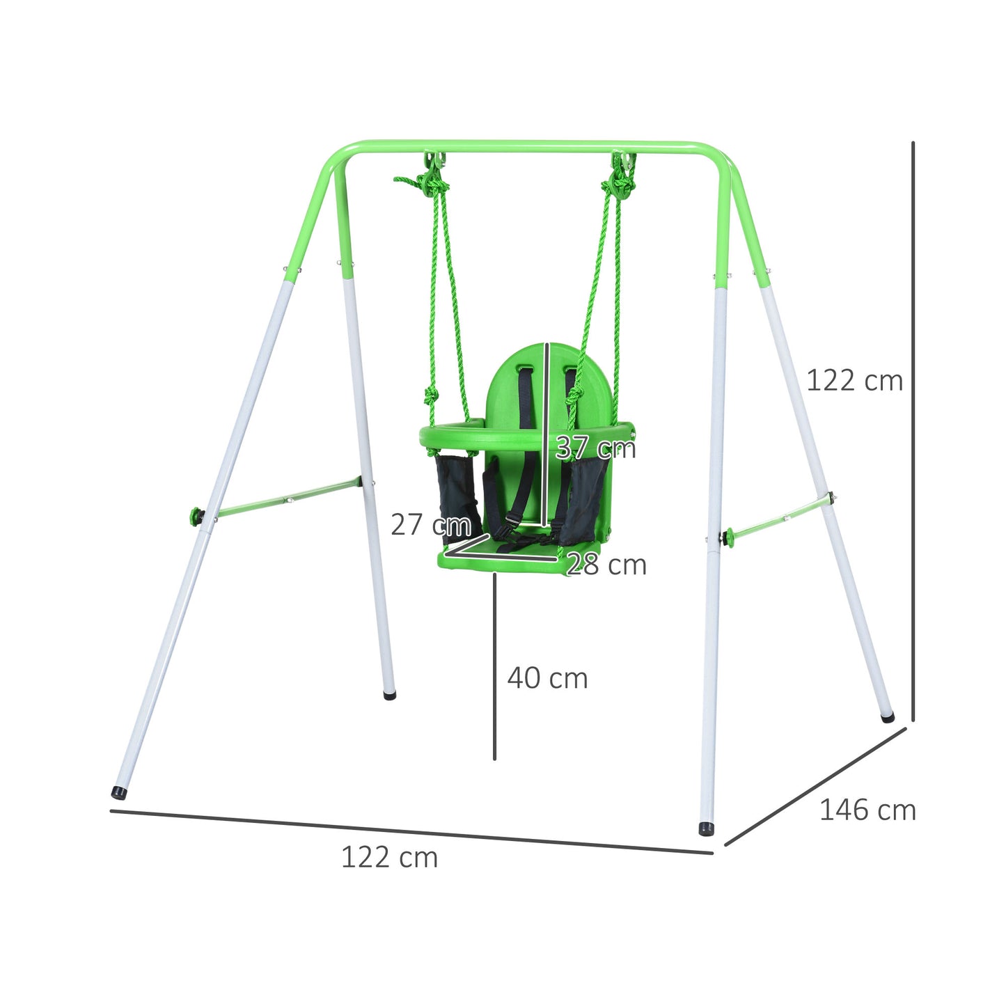 Outsunny Baloiço Infantil de Aço Baloiço para Crianças de 6-36 Meses com Encosto Alto e Arnês de Segurança para Interior e Exterior Carga Máxima 25 kg 122x146x122 cm Verde