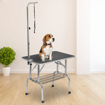 PawHut Mesa de Cabeleireiro para Animais de Estimação Mesa Sanitária Dobrável Aço, Alumínio, Chapa Anti-riscos e Borracha - 90x60x75 cm