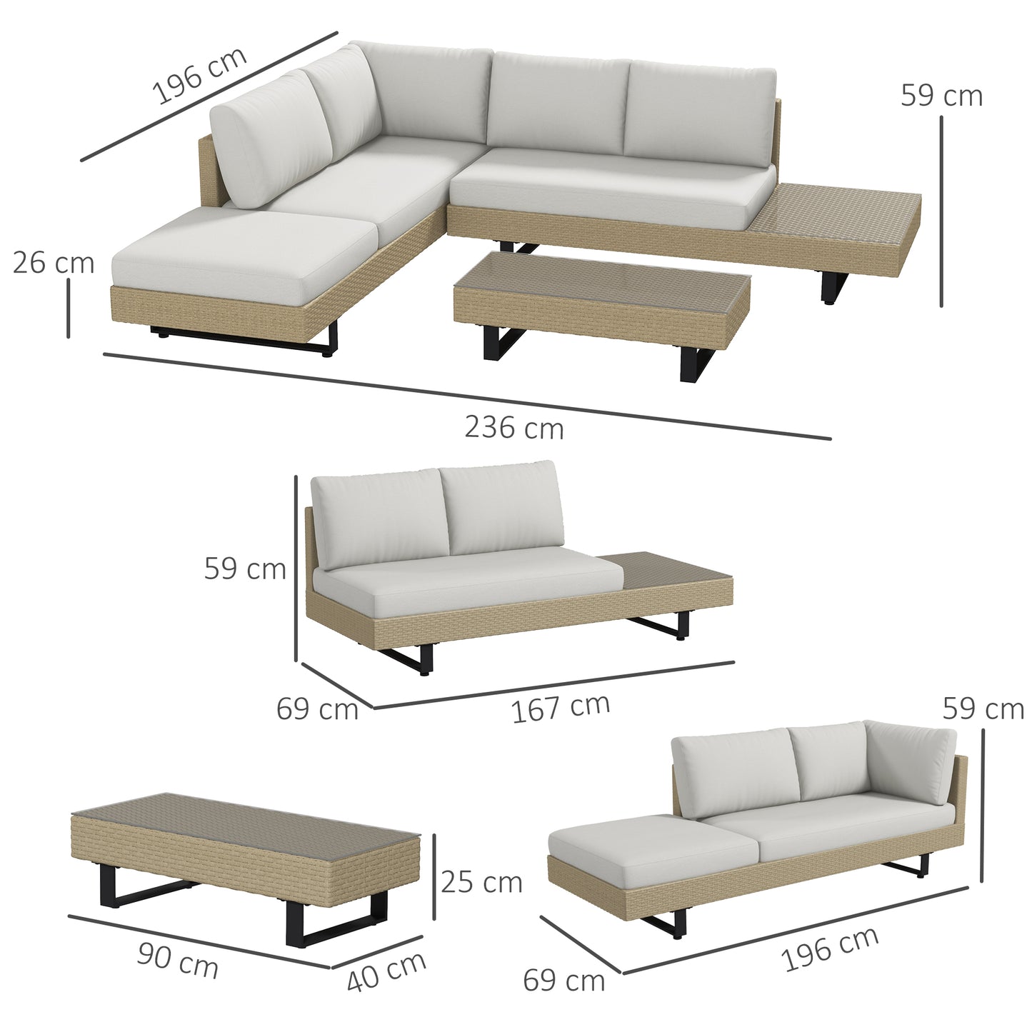 Outsunny Conjunto de Móveis de Vime 3 Peças Mesa de Centro Sofá Duplo e Sofá de 3 Lugares com Almofadas Removíveis para Terraço Jardim Pátio Bege