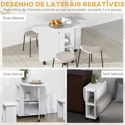 HOMCOM Mesa de Cozinha Dobrável com Rodas Mesa de Cozinha com Laterais Rebatíveis e 2 Prateleiras Abertas Estilo Moderno Carga 80 kg 120x60x77 cm Branco