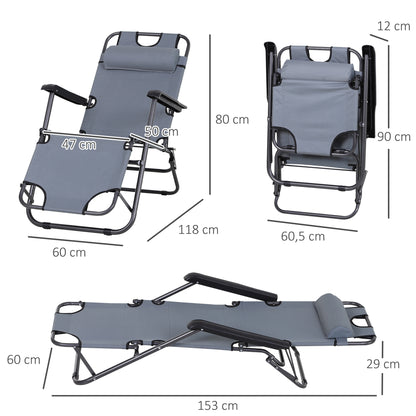 Outsunny Conjunto de 2 Espreguiçadeiras Reclináveis e Dobráveis Espreguiçadeiras de Jardim com Encosto Ajustável Apoio de Cabeça e Bolso Carga 136 kg 118x60x80 cm Cinza