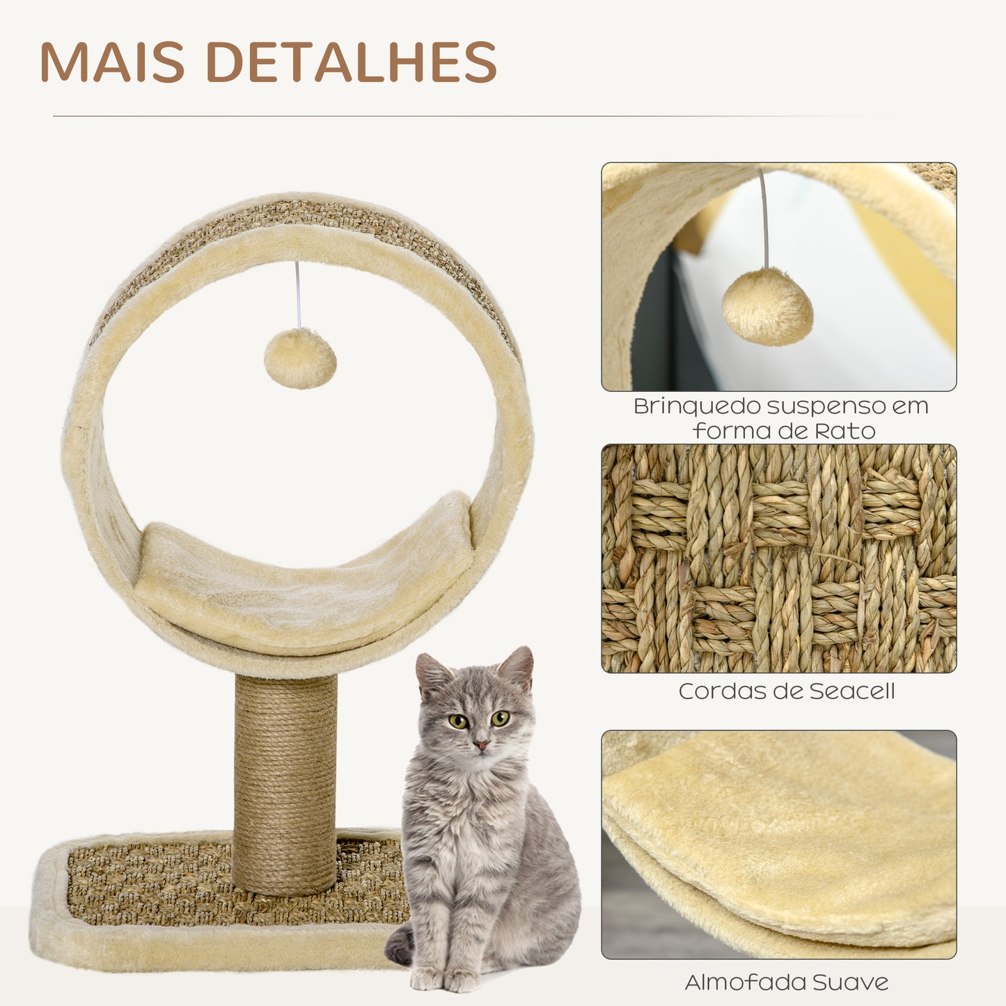 PawHut Árvore Arranhador para Gatos com Túnel Superior Poste Arranhador de Juta Natural Almofada Removível e Brinquedo Suspenso 40x30x56cm Bege