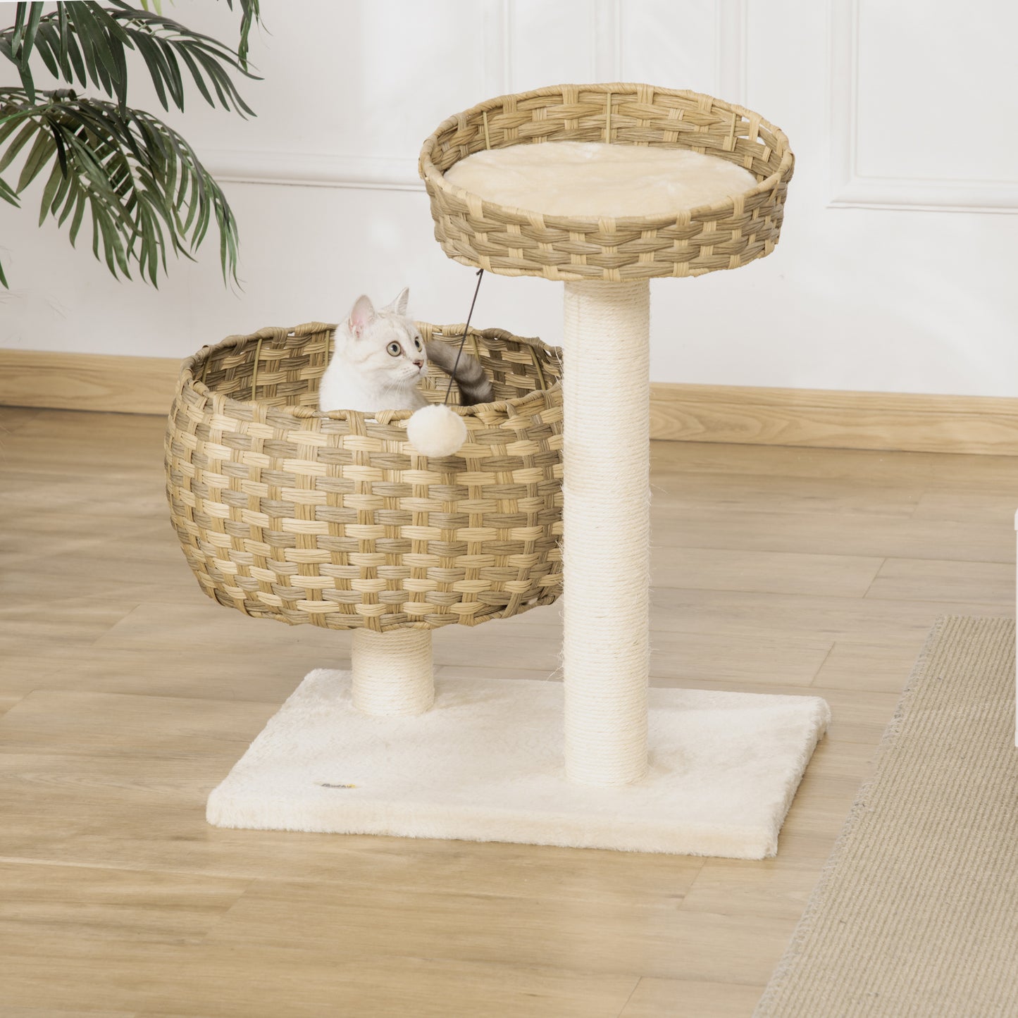 PawHut Árvore para Gatos Médios com Cama Superior Cesto de Vime Sintético com Almofadas Postes Arranhadores de Sisal Natural e Bola Suspensa de Brinquedo 54x40x70cm Bege