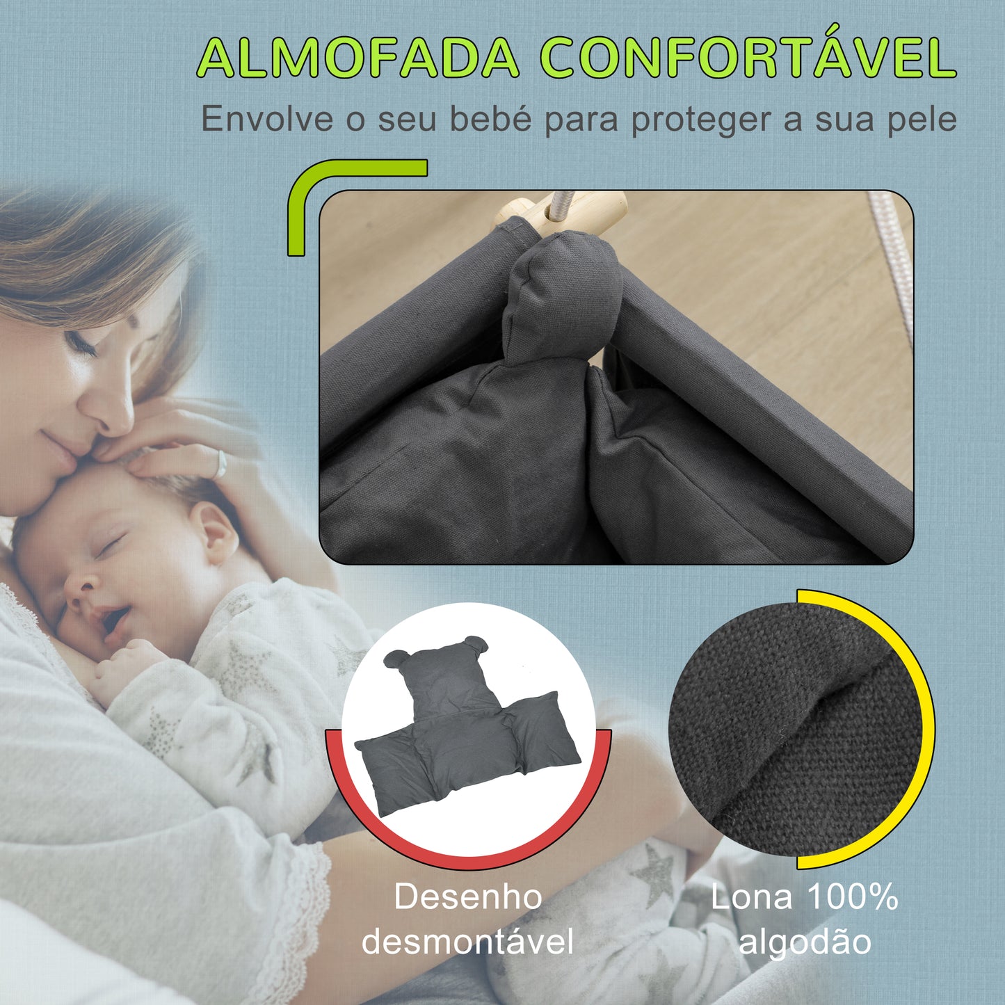 AIYAPLAY Baloiço para Bebés de 9-36 Meses com Cordas Ajustáveis Baloiço Infantil com e Assento Acolchoado Carga 70 kg para Interiores e Exteriores 40x40x110-180 cm Cinza Escuro