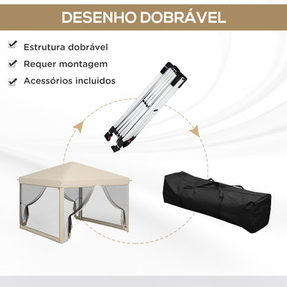 Outsunny Tenda Dobrável 3x3 para Exterior Tenda Portátil de Jardim com Mosquiteiras Bolsa de Transporte Estrutura de Aço e Tecido Oxford Resistente para Festas Campismo Bege