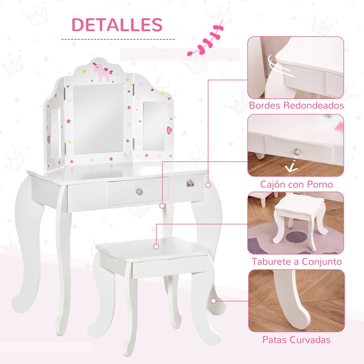 Toucador Infantil de Madeira com Banco e Espelho de Acrílico de 2 Sessões Mesa de Maquilhagem Infantil com Gaveta para Dormitório Sala de Jogos 63x40x85,5cm Branco