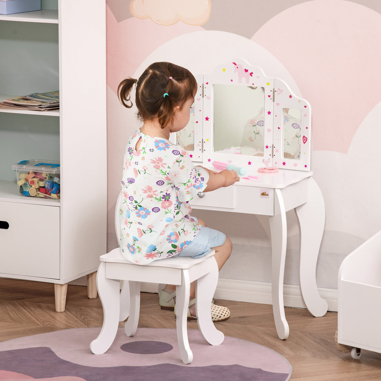 Toucador Infantil de Madeira com Banco e Espelho de Acrílico de 2 Sessões Mesa de Maquilhagem Infantil com Gaveta para Dormitório Sala de Jogos 63x40x85,5cm Branco