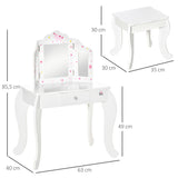 Toucador Infantil de Madeira com Banco e Espelho de Acrílico de 2 Sessões Mesa de Maquilhagem Infantil com Gaveta para Dormitório Sala de Jogos 63x40x85,5cm Branco