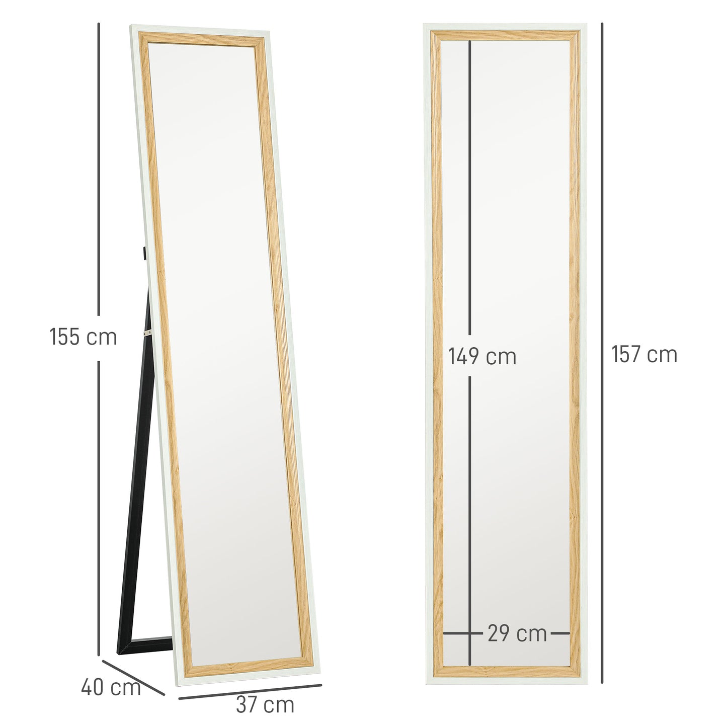 HOMCOM Espelho de Pé 37x157 cm Espelho de Corpo Inteiro com Estrutura de MDF e Suporte para Sala de Estar Dormitório Branco e Madeira Escura