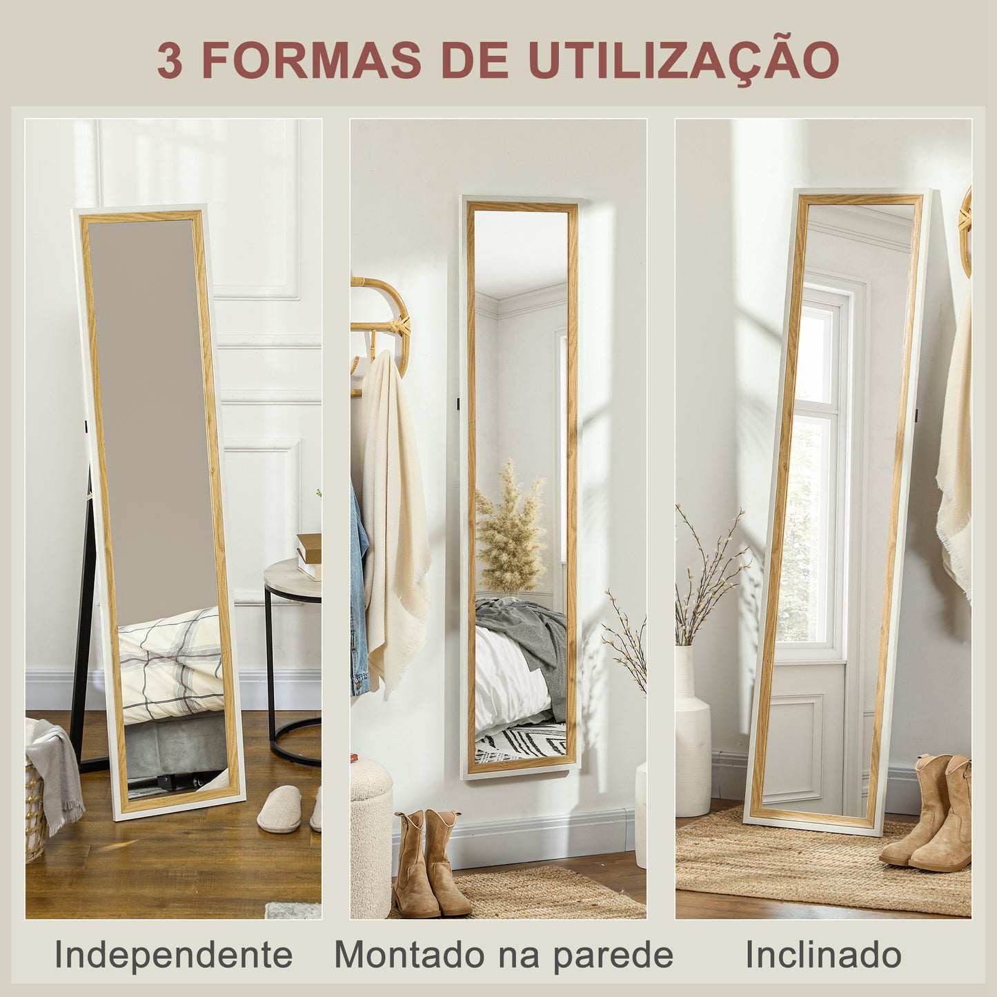 HOMCOM Espelho de Pé 37x157 cm Espelho de Corpo Inteiro com Estrutura de MDF e Suporte para Sala de Estar Dormitório Branco e Madeira Escura