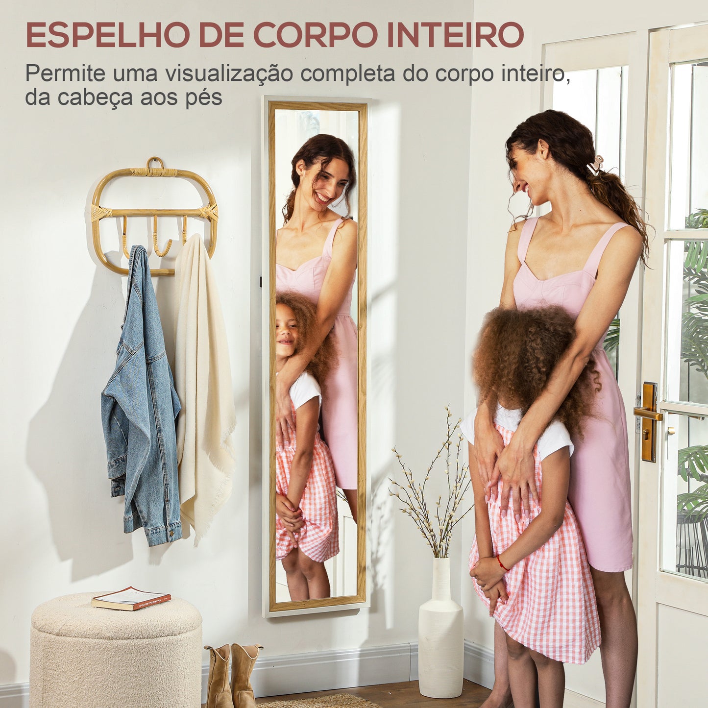 HOMCOM Espelho de Pé 37x157 cm Espelho de Corpo Inteiro com Estrutura de MDF e Suporte para Sala de Estar Dormitório Branco e Madeira Escura