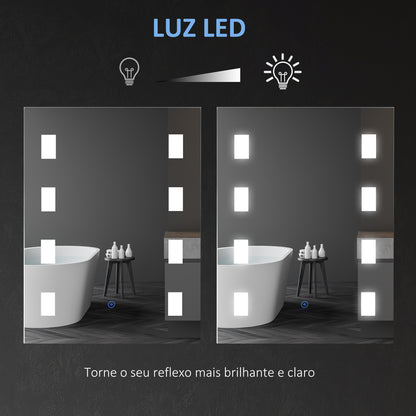 kleankin Espelho Casa de Banho com Luz LED 14,5W 70x50 cm Espelho para Casa de Banho com Função Antiembaciamento Interruptor Tátil e Luzes Branco Frio Prata