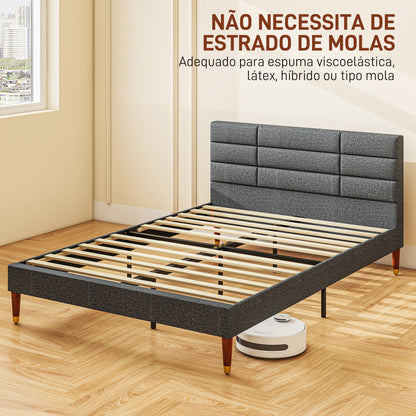 Cama 140x200 cm Estrutura de Cama com Cabeceira Estofada em Linho e Espaço de Armazenamento Debaixo da Cama Carga 250 kg Cinza