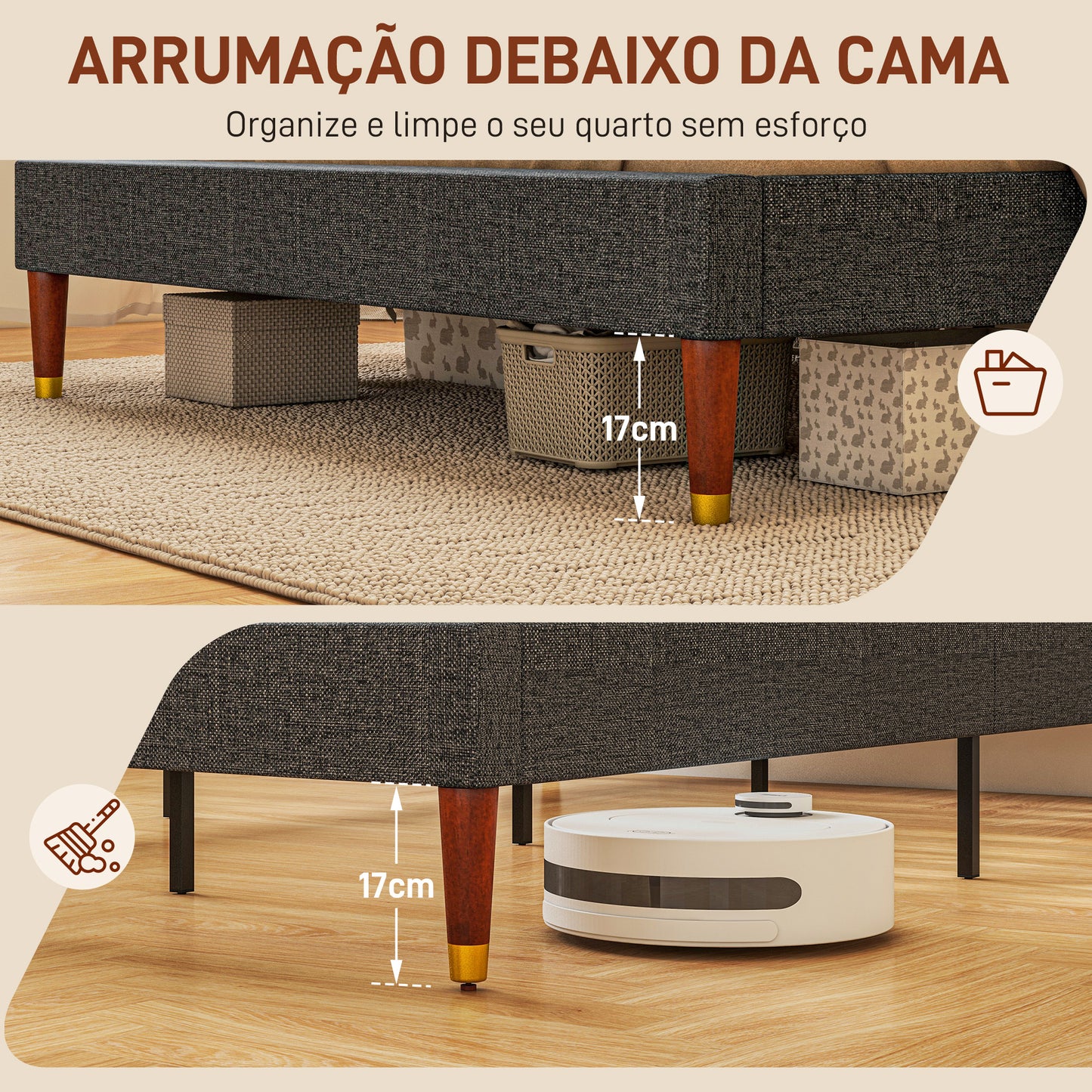 Cama 140x200 cm Estrutura de Cama com Cabeceira Estofada em Linho e Espaço de Armazenamento Debaixo da Cama Carga 250 kg Cinza