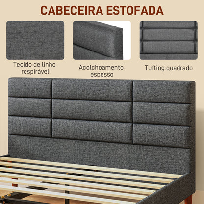 Cama 140x200 cm Estrutura de Cama com Cabeceira Estofada em Linho e Espaço de Armazenamento Debaixo da Cama Carga 250 kg Cinza