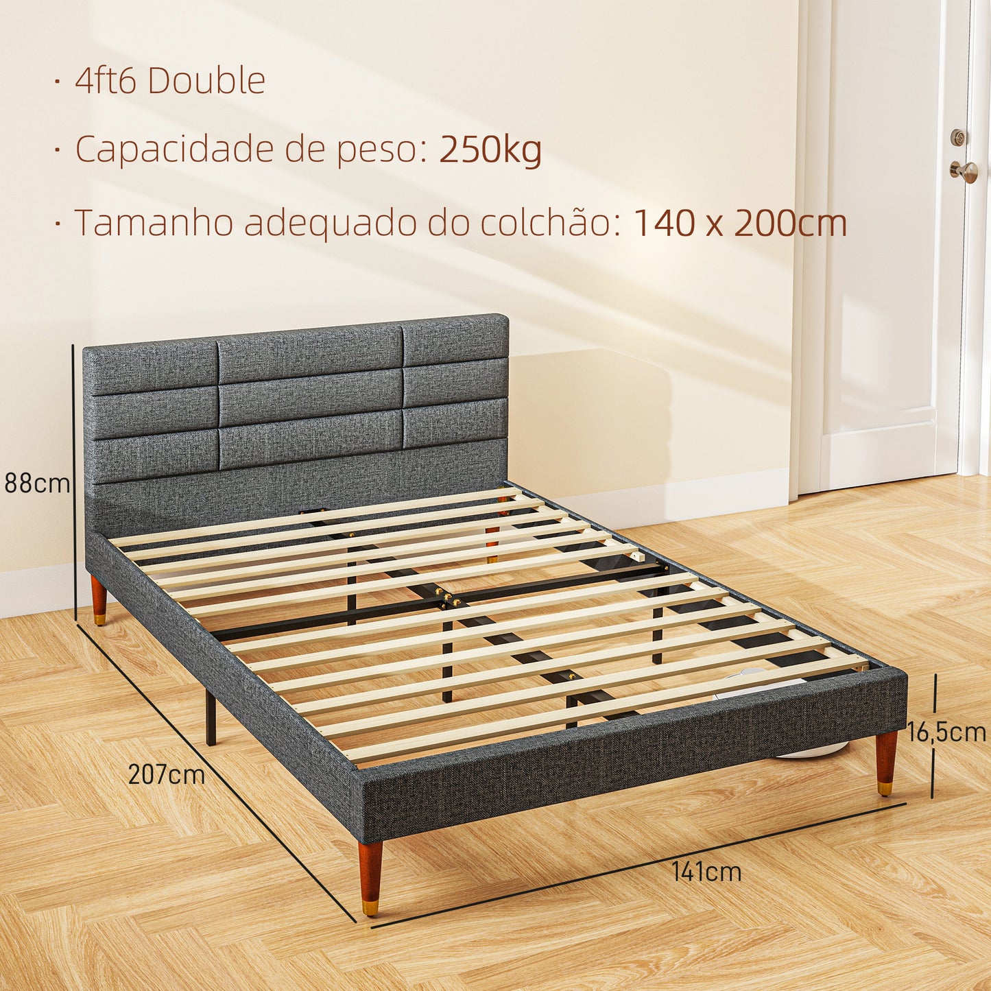 Cama 140x200 cm Estrutura de Cama com Cabeceira Estofada em Linho e Espaço de Armazenamento Debaixo da Cama Carga 250 kg Cinza