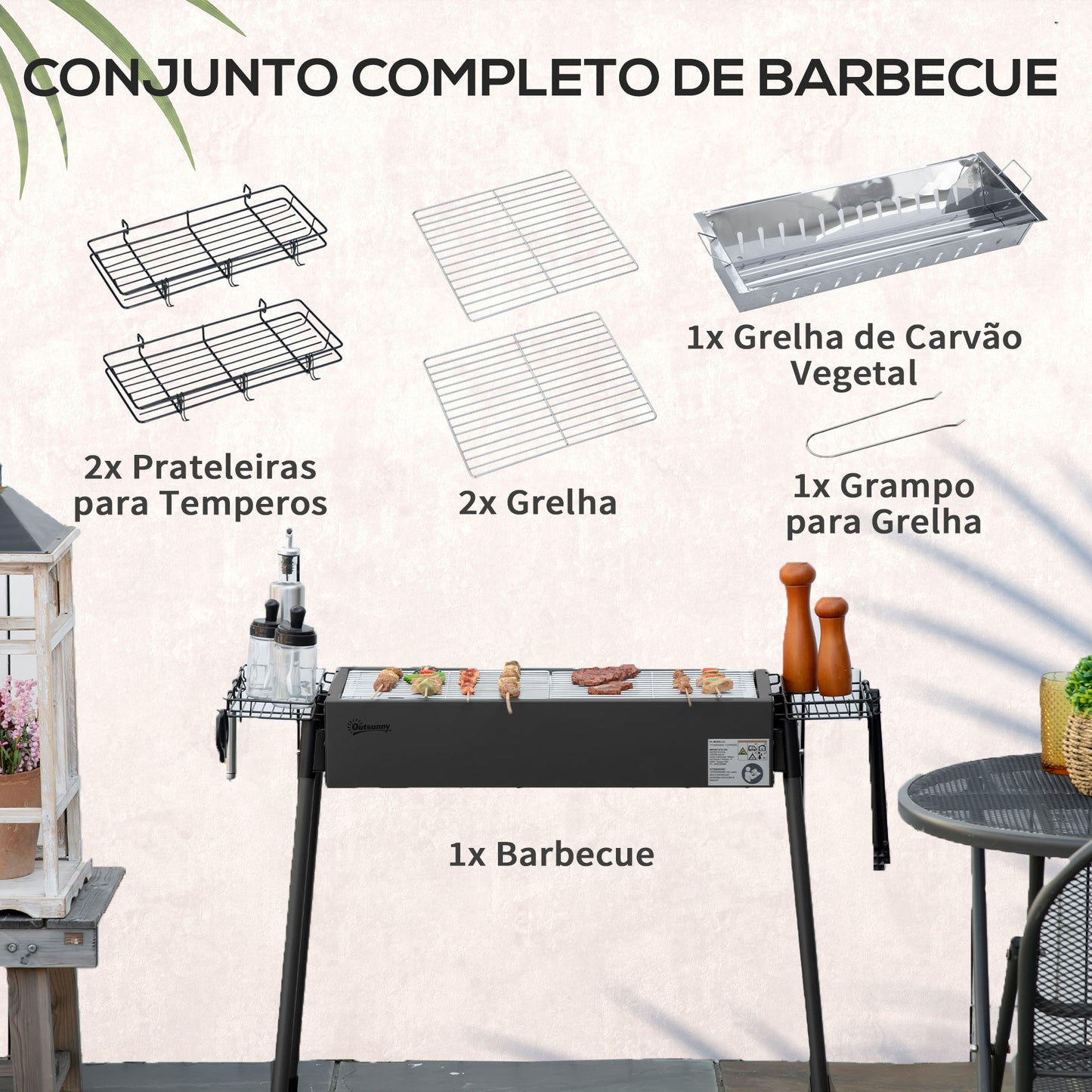 Outsunny Barbecue a Carvão com 2 Grelhas de Aço Inoxidável Barbecue Portátil com 2 Prateleiras para Temperos com Ganchos para Campismo Jardim 77x30x70 cm Preto