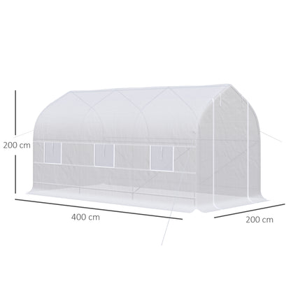 Outsunny Estufa Tipo Túnel 400x200x200cm Estufa de Jardim com 6 Janelas Transpiráveis e Portas Enrolável com Zíper para Cultivo de Plantas e Verduras Branco