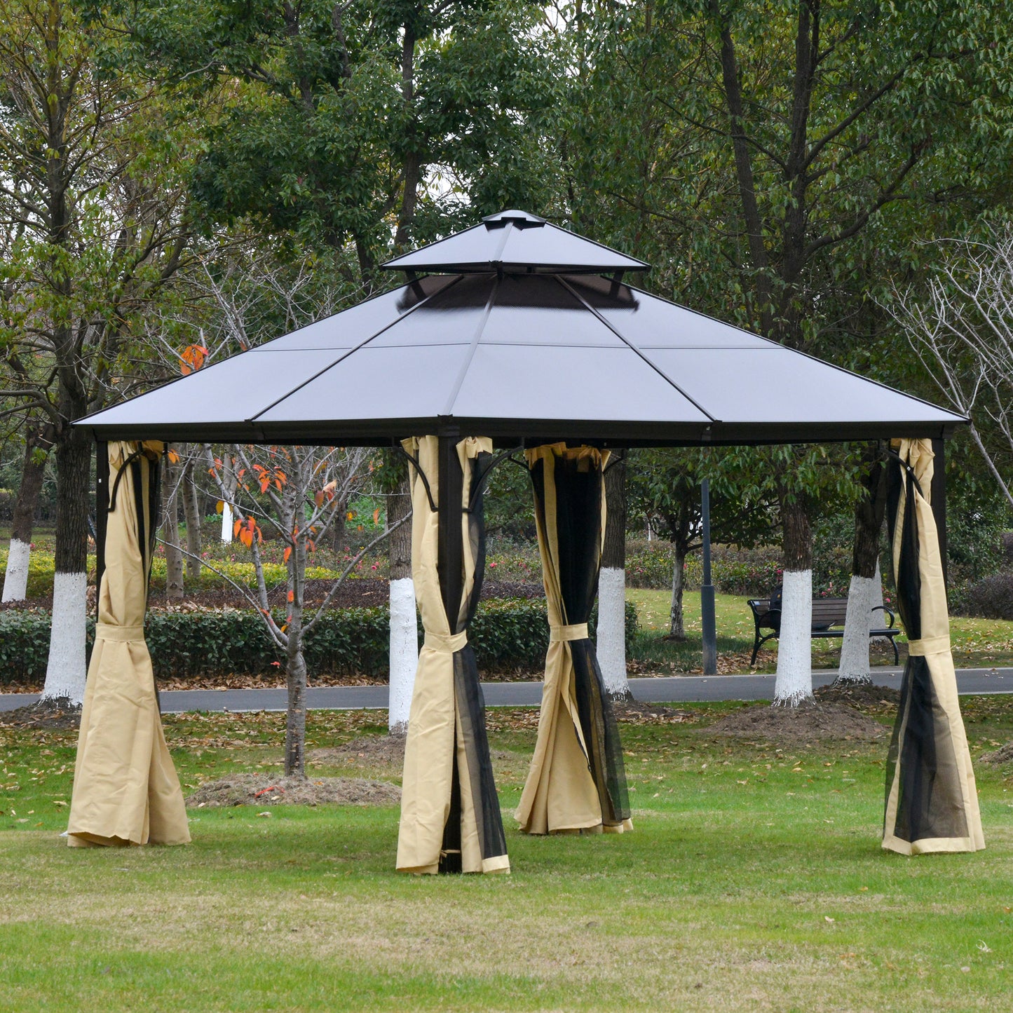 Outsunny Gazebo 3x3 m com teto duplo de policarbonato e 4 cortinas 4 redes mosquiteiras com zíper, moldura de alumínio bege e preto