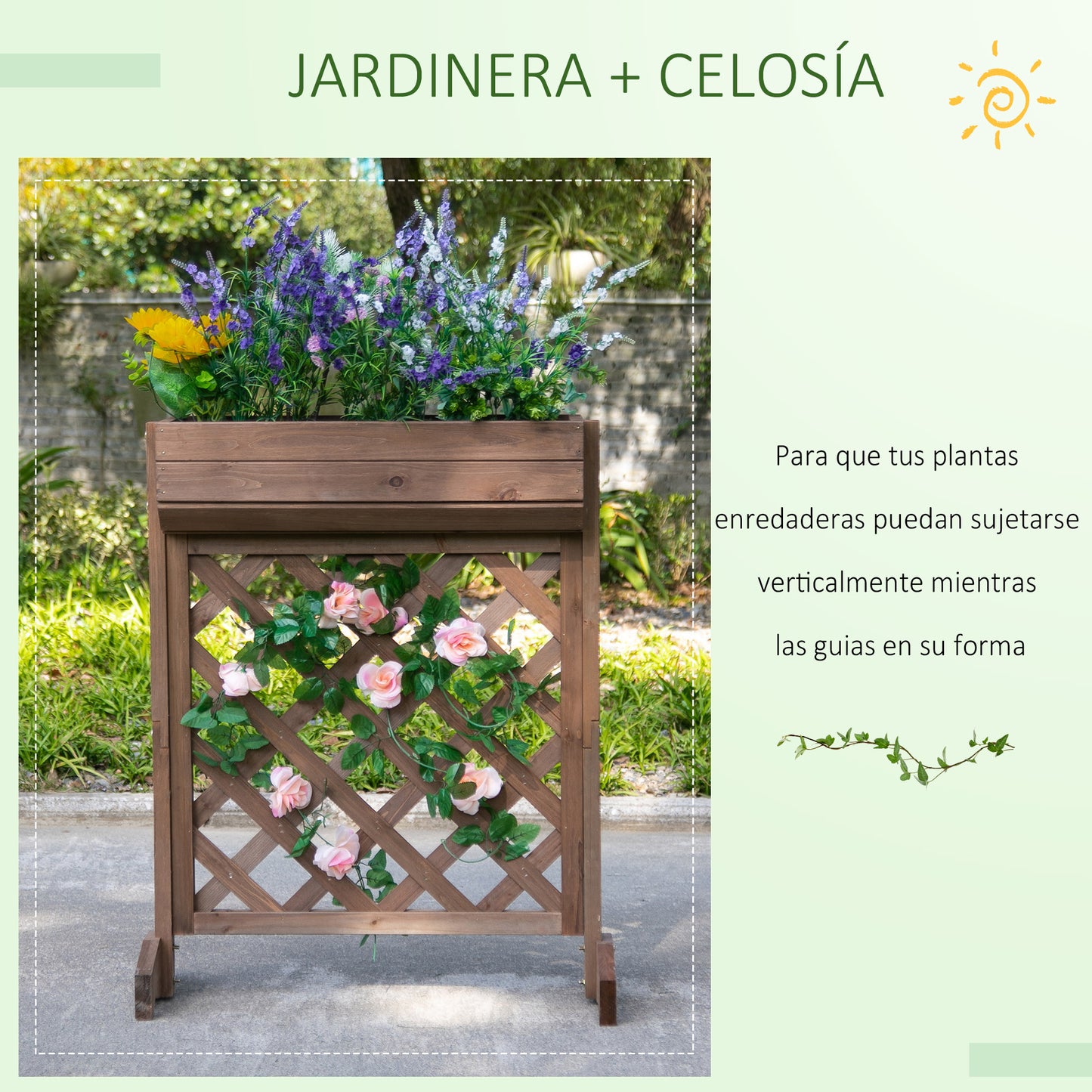 Outsunny Floreira com Treliça de Madeira Maciça Suporte para Flores Plantas Trepadeiras para Balção Pátio Jardim Ar Livre 68x30x85,5cm Marrom