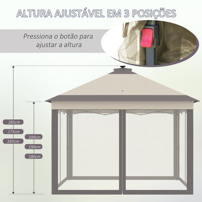 Outsunny Tenda Dobrável Exterior 3,3x3,3x2,9 m com Luzes LED e Controle Remoto Tenda de Jardim com 4 Mosquiteiras Removíveis e Bolsa de Transporte para Acampamento Festas Bege