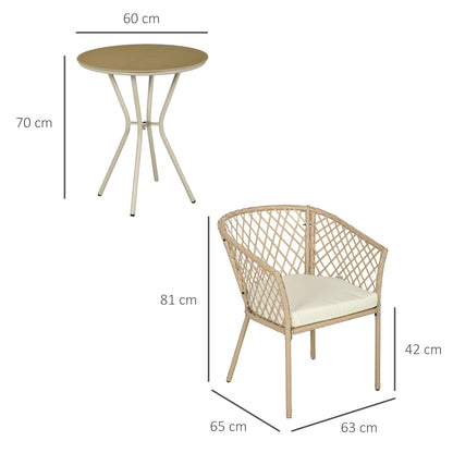 Outsunny Conjunto 3 Peças de Jardim em Vime Conjunto com 2 Poltronas e 1 Mesa de Centro Redonda com Tampo de Vidro Temperado para Terraço Pátio Natural e Caqui