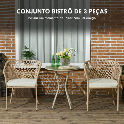 Outsunny Conjunto 3 Peças de Jardim em Vime Conjunto com 2 Poltronas e 1 Mesa de Centro Redonda com Tampo de Vidro Temperado para Terraço Pátio Natural e Caqui