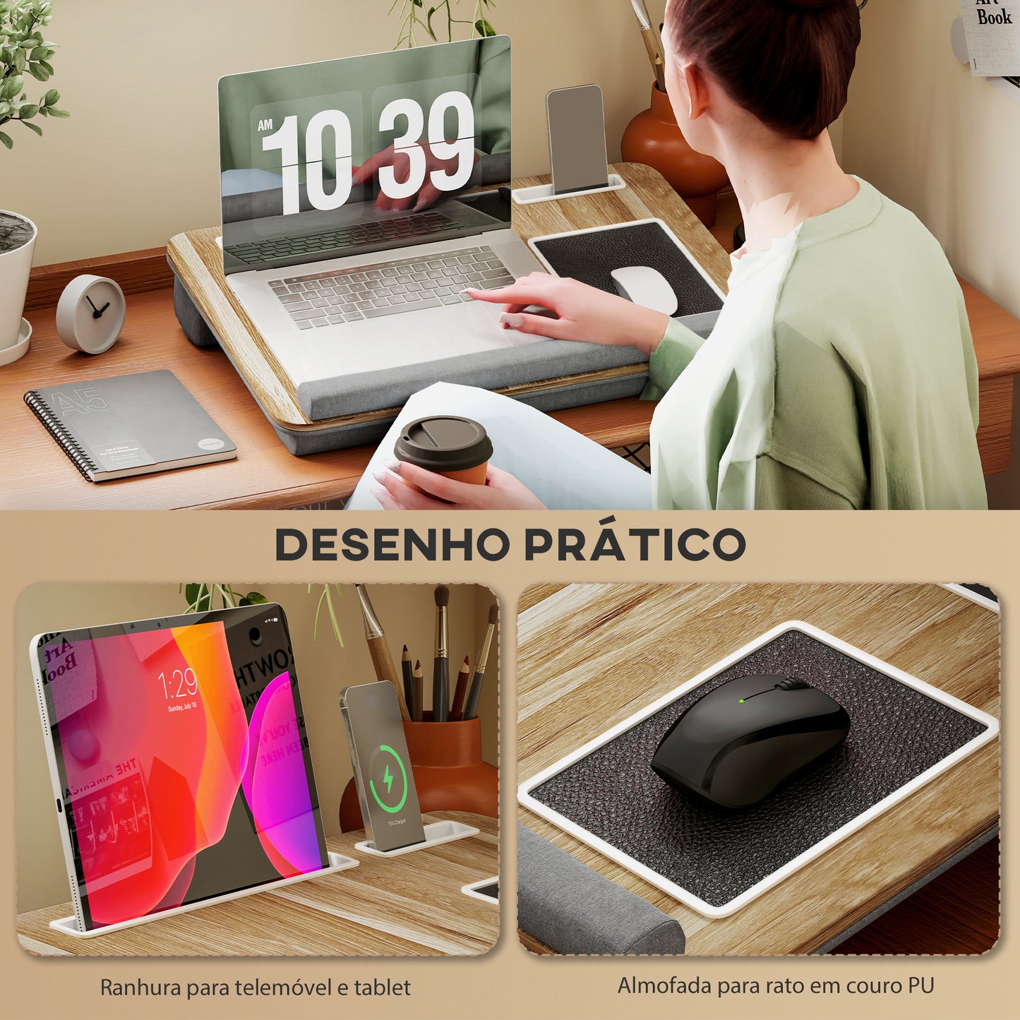 HOMCOM Suporte para Portátil com Amofada Suporte para Portátil com Ranhura para Tablet Almofada para Mouse Apoio para os Punhos Mesa para Portátil para Casa Escritório 55,5x37x9 cm Carvalho