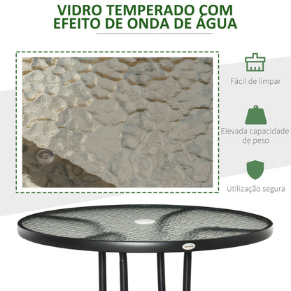 Outsunny Mesa de Jardim Redonda Mesa de Exterior Ø80x72 cm com Orifício para Chapéu de Sol e Tampo de Vidro Temperado para Pátio Terraço Preto