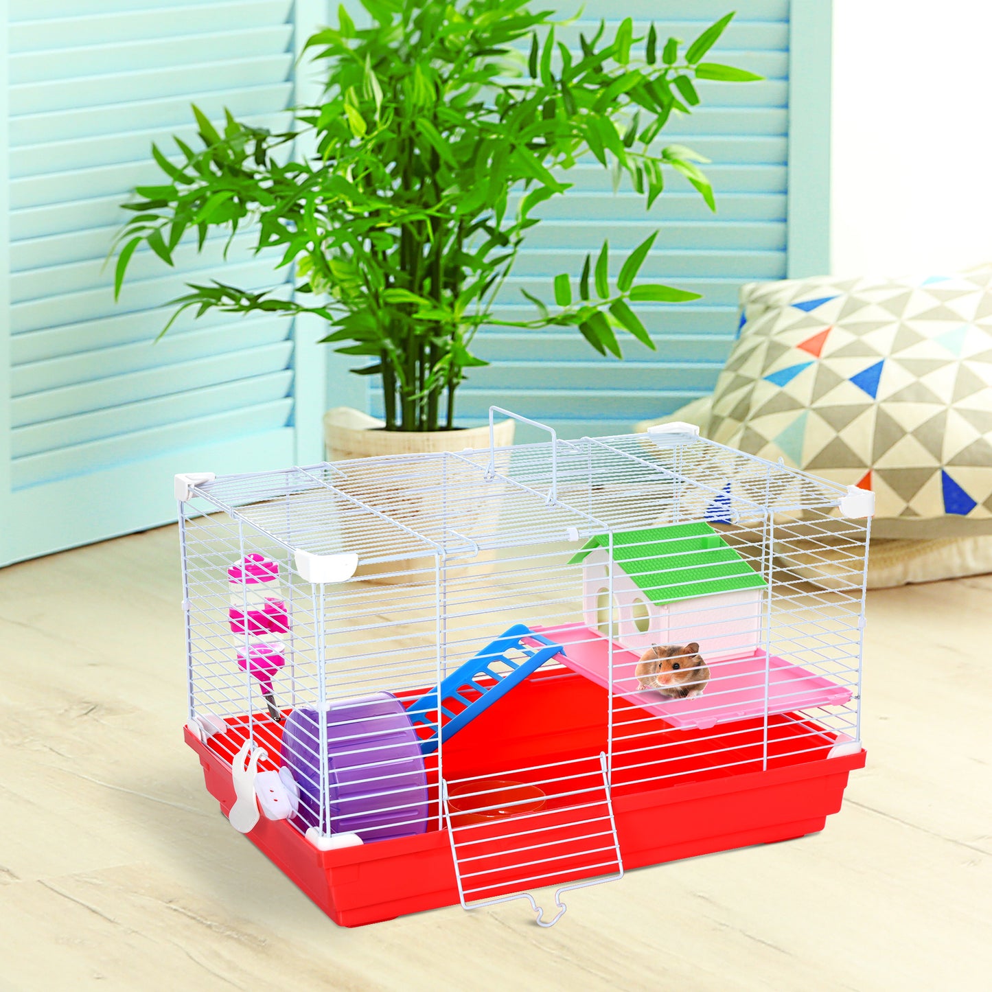 PawHut Gaiola para Hamster Casa para Hamster 47x30x27cm com 1 Andar Comedouro Bebedouro Rampa Roda de Exercício para Pequenos Animais Branco e Vermelho