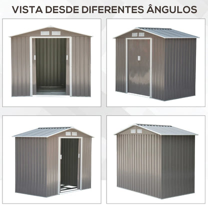 Abrigo de Jardim 213x130x185cm Abrigo de Jardim Metálico de Exterior para Armazenamento de Ferramentas com 2 Portas Deslizantes e 4 Janelas para Terraço Cinza Claro