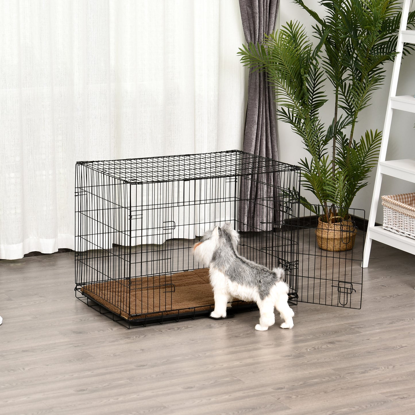 PawHut Gaiola para Cães com Almofada Incluída Gaiola para Animais de Estimação com Alça de Transporte e Grade de Arame 60x43x49,5cm Preto e Marrom