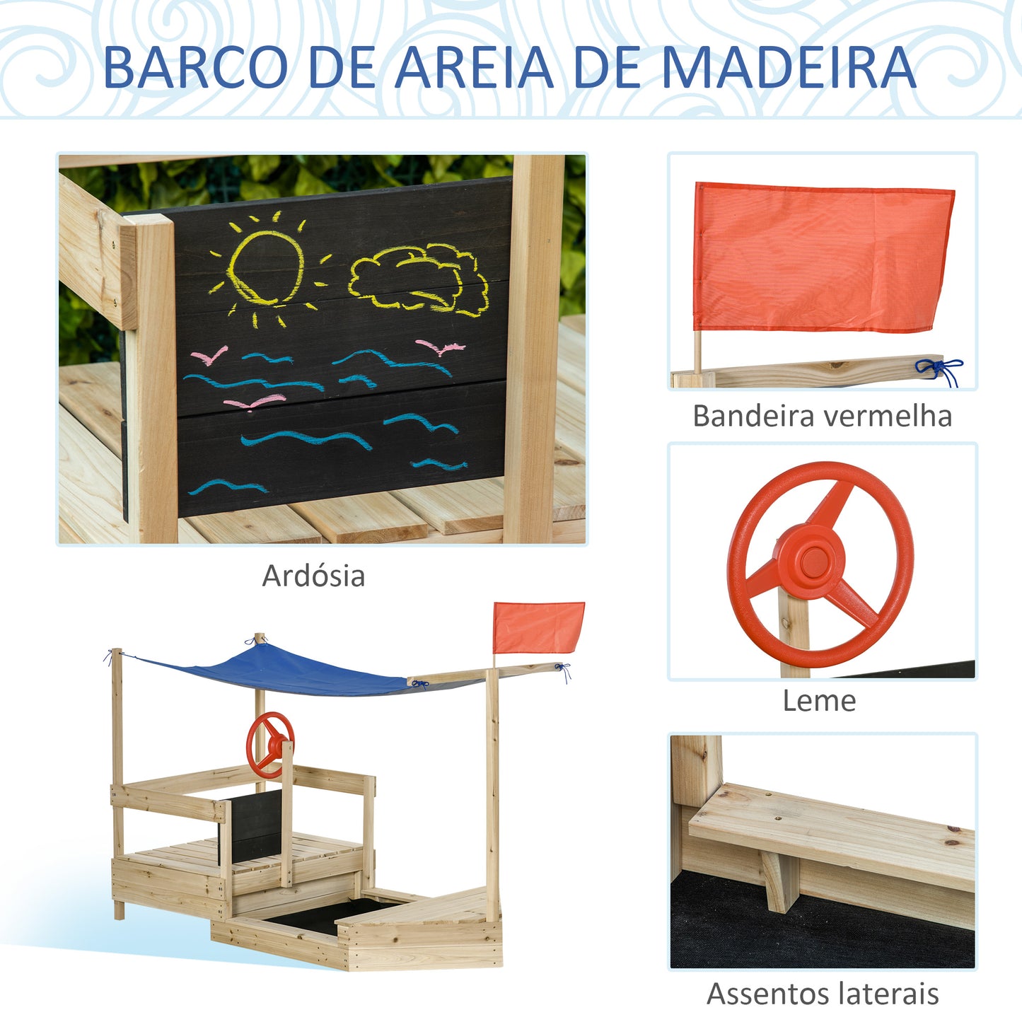 Outsunny Caixa de Areia Infantil de Madeira Desenho de Barco a Vela Toldo Quadro Negro bandeira Vermelha e Volante Caixa de Areia de Jardim para Crianças acima de 3 Anos 180x91,5x144cm Natural