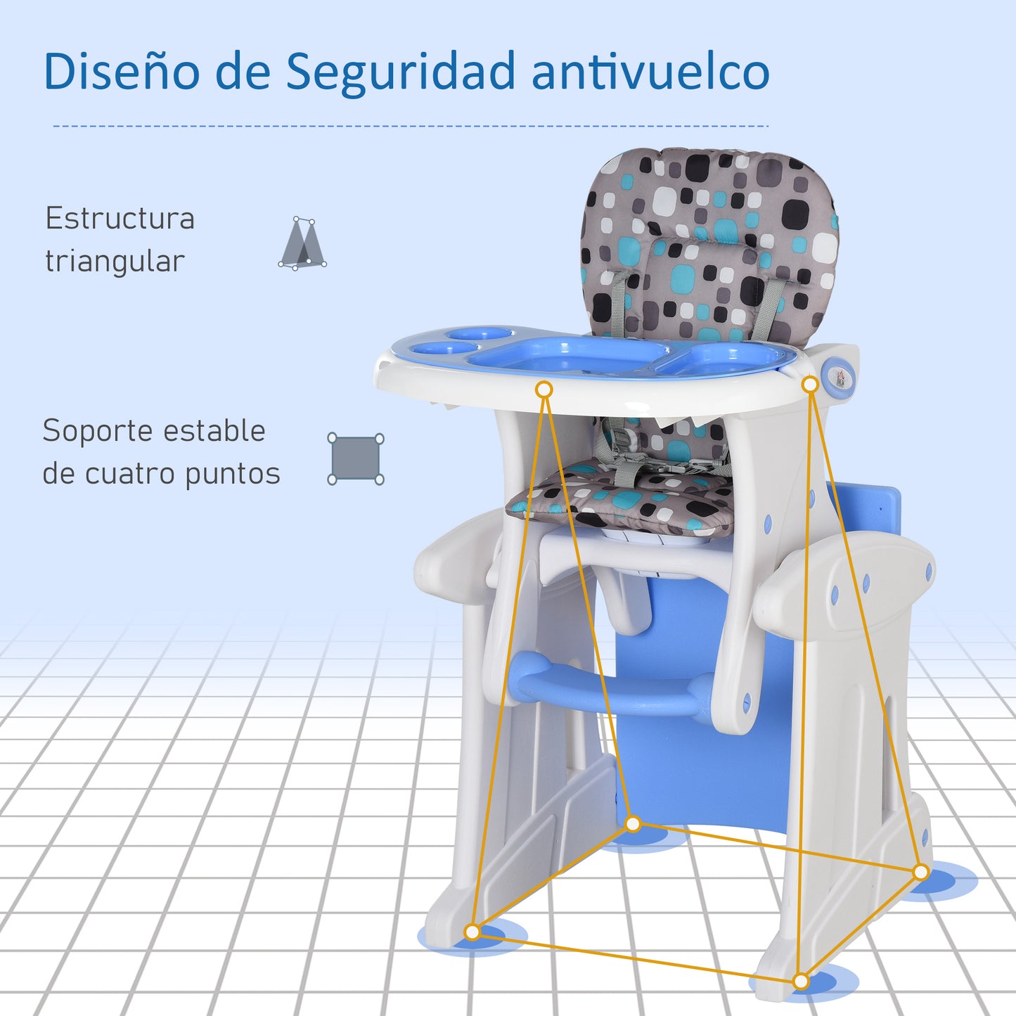 HOMCOM Cadeira para bebês 3 em 1 por mais de 6 mesesTransformar em mesa e cadeira multifuncional Ajustável em 3 posições Encosto acolchoado alto Com 2 bandejas removíveis 57x59x105 cm Azul