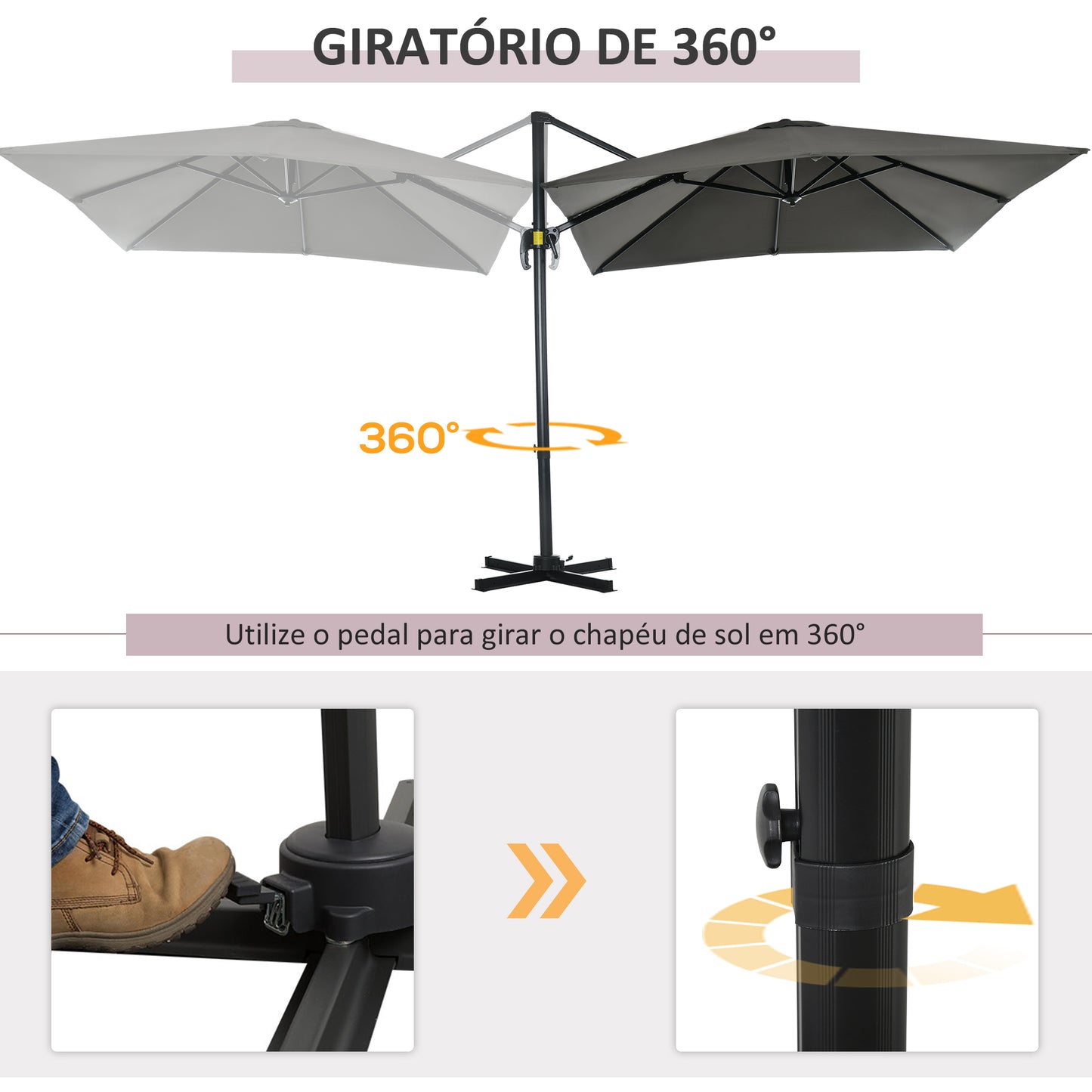 HOMCOM Chapéu de Sol de Jardim 245x245x245 cm Chapéu de Sol Excêntrico com Rotação 360° Inclinação de 3 Níveis com Manivela e Ventilação para Pátio Terraço Cinza