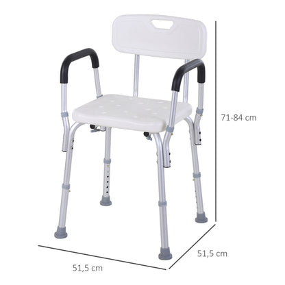 HOMCOM Cadeira para Duche Antiderrapante com Altura Ajustável em 6 Níveis Cadeira de Banho com Apoio para os Braços e Encosto 51,5x51,5x71-84 cm Branco