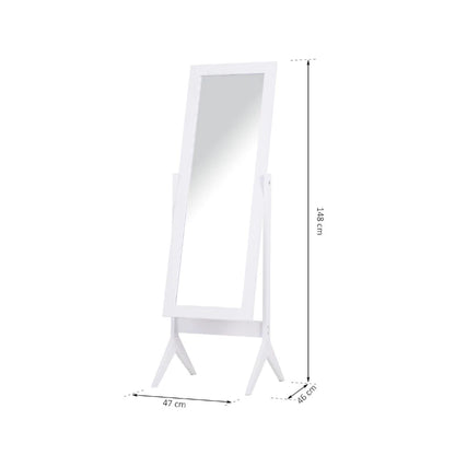 Espelho de Pé para Maquilhagem Reclinável com Estrutura de Madeira para Dormitório Vestidor 47x46x148cm Branco