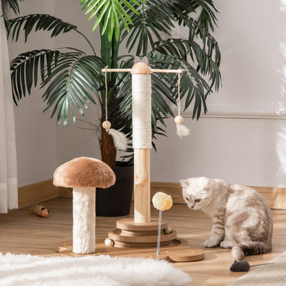 PawHut Arranhador para Gatos com Postes de Sisal em Forma de Cogumelo Brinquedo Suspenso Penas Pista de Bolas de Madeira e Bola com Mola 46x44x56,5cm Marrom e Bege