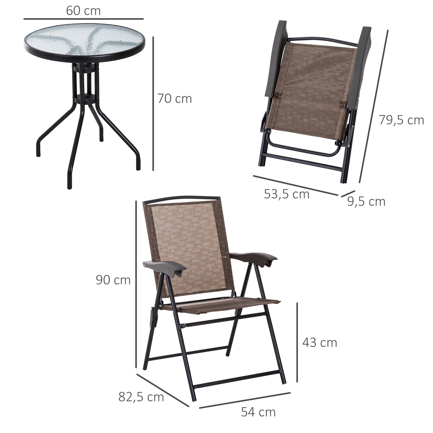 Outsunny Conjunto de Mesa e 2 Cadeiras Cadeira Dobrável Encosto Reclináveis a 4 Níveis Armação de Aço Marrom