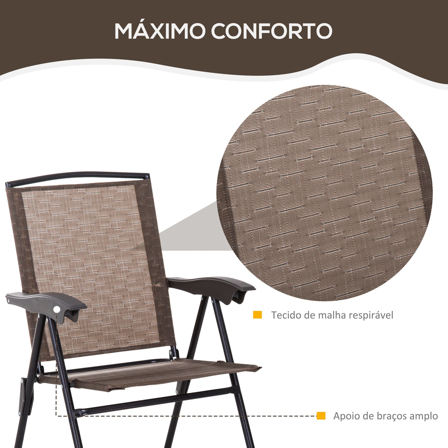 Outsunny Conjunto de Mesa e 2 Cadeiras Cadeira Dobrável Encosto Reclináveis a 4 Níveis Armação de Aço Marrom