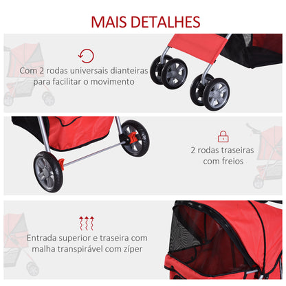 PawHut Carrinho de Passeio para Animais de Estimação Carrinho para Cães e Gatos Dobrável com Capô Ajustável Cesta de Armazenamento Suporte para Copos e Travão 75x45x97cm Vermelho