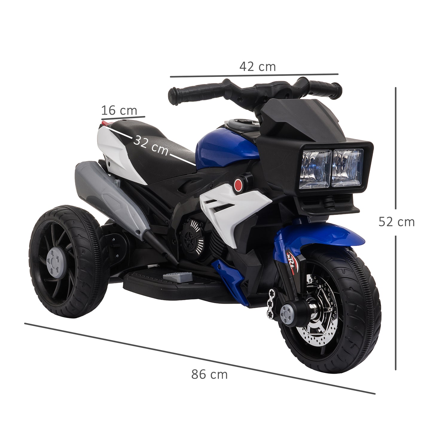 HOMCOM Motocicleta Elétrica Infantil com 3 Rodas para Crianças acima de 3 anos Triciclo com Pedal para Crianças Bateria 6V com Luzes Música Pneus Largos 86x42x52cm Azul