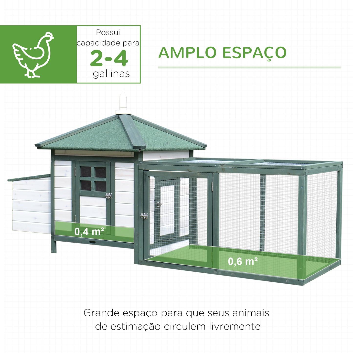 PawHut Galinheiro de Madeira de Abeto para Galinhas de Exterior com Caixa Ninho Bandeja Removível e Espaço para Correr 196x76x97 cm Verde