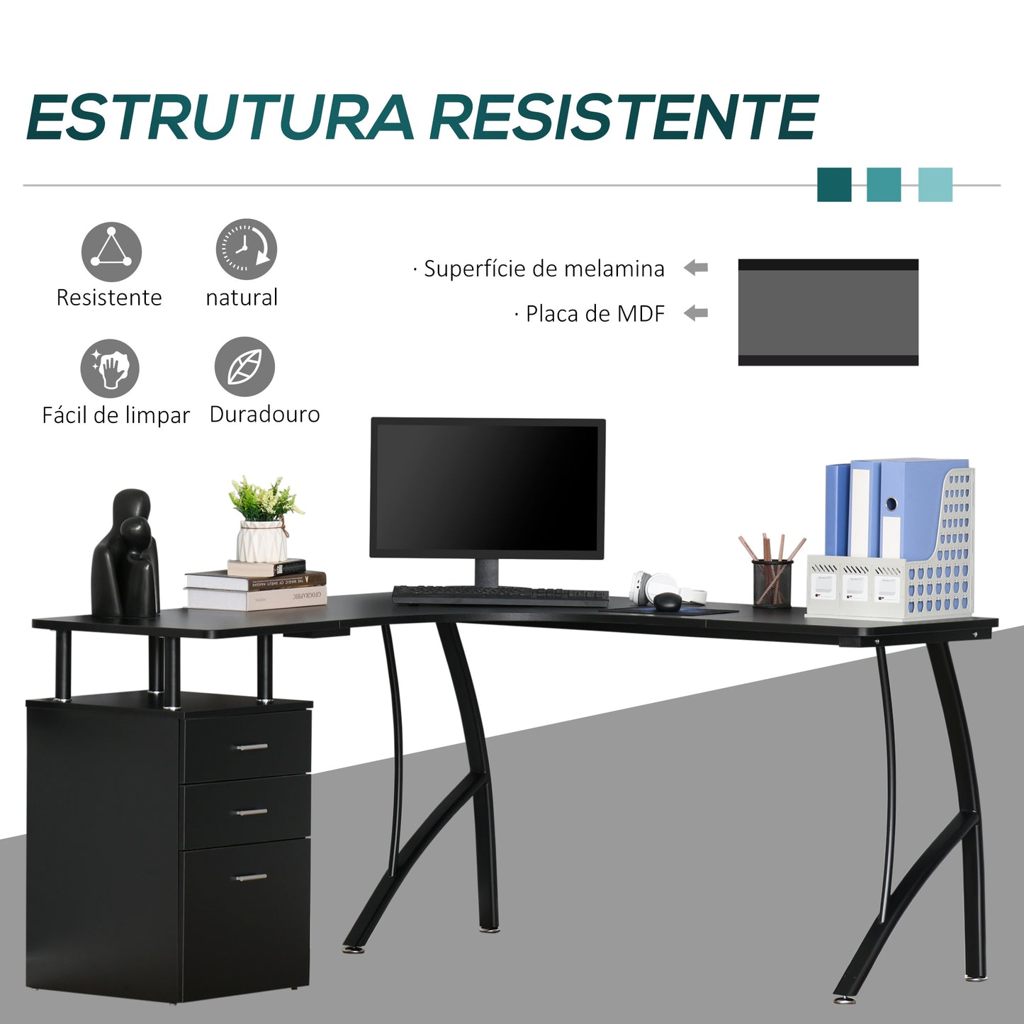 HOMCOM Secretária de Canto para Computador Mesa em Formato de L com 3 Gavetas Mesa Moderna para Escritório 143,5x143,5x76cm Preto