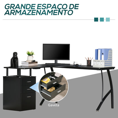 HOMCOM Secretária de Canto para Computador Mesa em Formato de L com 3 Gavetas Mesa Moderna para Escritório 143,5x143,5x76cm Preto