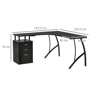 HOMCOM Secretária de Canto para Computador Mesa em Formato de L com 3 Gavetas Mesa Moderna para Escritório 143,5x143,5x76cm Preto